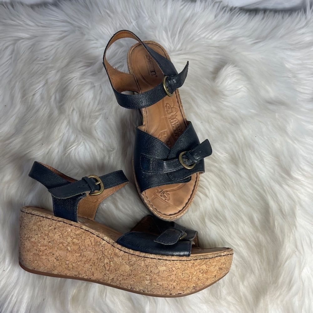 Born Black Leather Buckle Strap Cork Wedge Sandals Sz 9